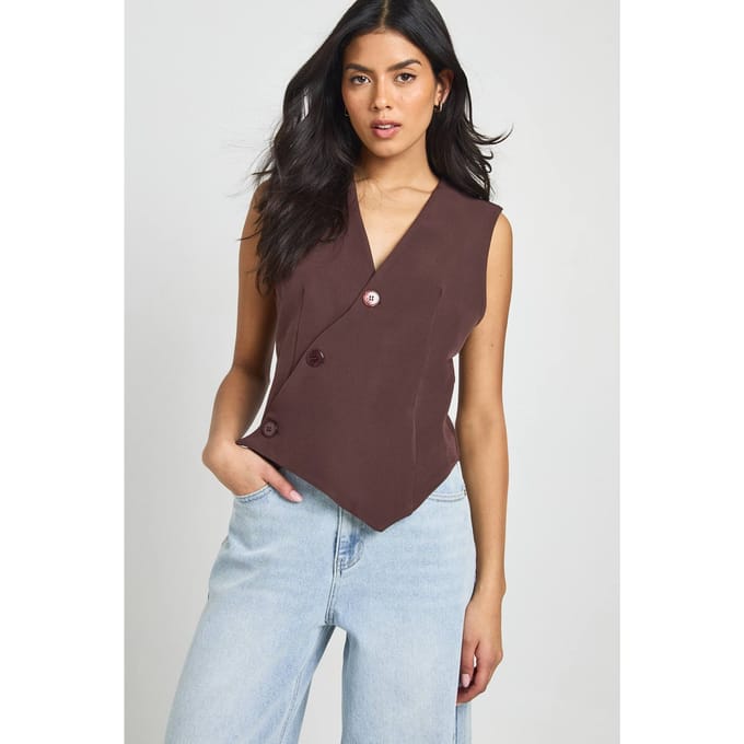boohoo Dames Asymmetrisch verstelbare rugvest | Chocoladebruin | Maat: 36