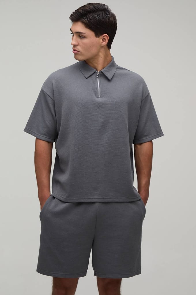 Oversized Boxy Waffle Zip Neck Polo & Baggy Shorts Set | Charcoal | Size XL