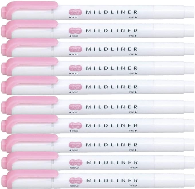 Zebra Mildliner Double-Sided Highlighter - Fine / Bold – Mild Pink Set van 10 + een Luxe Zipperbag - ZEBRA WKT7-MP