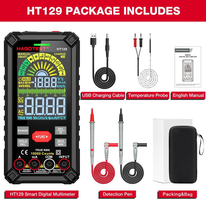 HABOTEST HT129 Intelligente multimeter Slimme digitale multimeter Kleurenscherm Handheld Digital HT129 zwart