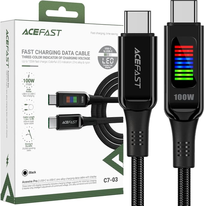 USB-C Data- en Oplaadkabel - USB-C Acefast C7-03, 100W, 1.2m, Zwart