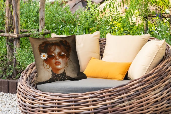Buitenkussen - Vrouw - Beige - Bloem - Modern - Portret - 45x45 cm - Weerbestendig