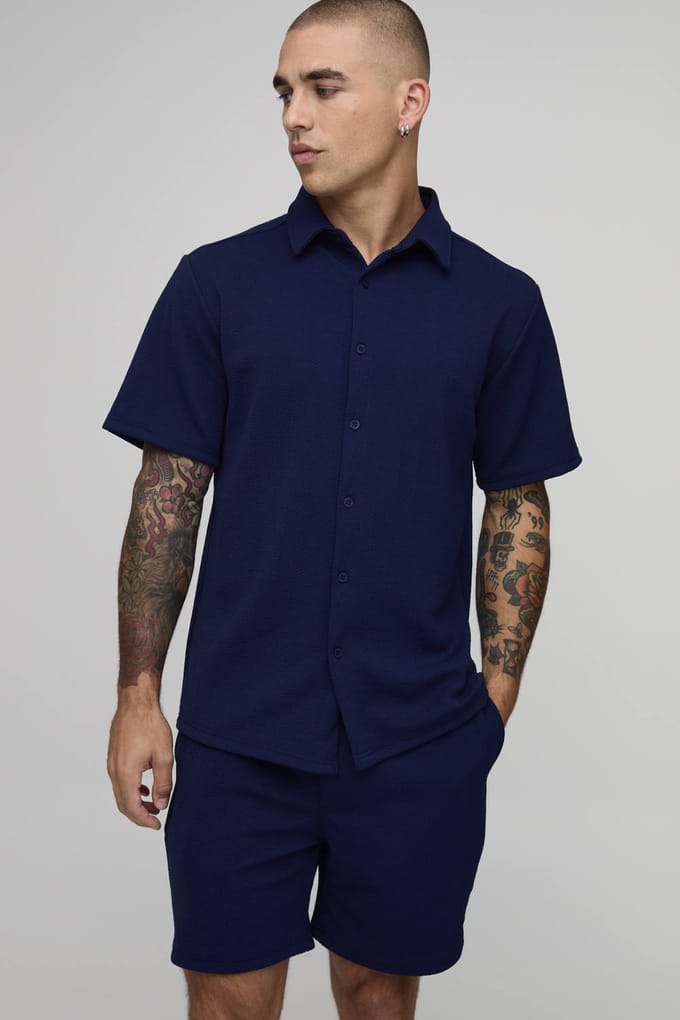 Short Sleeve Jersey Herringbone Shirt & Short Set | Navy | Size Large