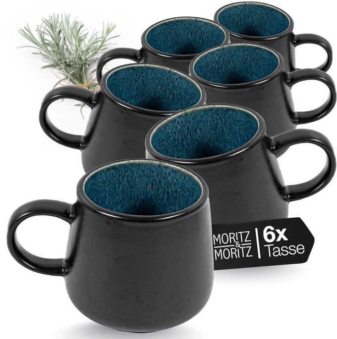 Moritz & Moritz SOLID Koffiekopjes Set - 6-delig Koffiebeker met Oor - 420 ml - Steengoed - Blauw