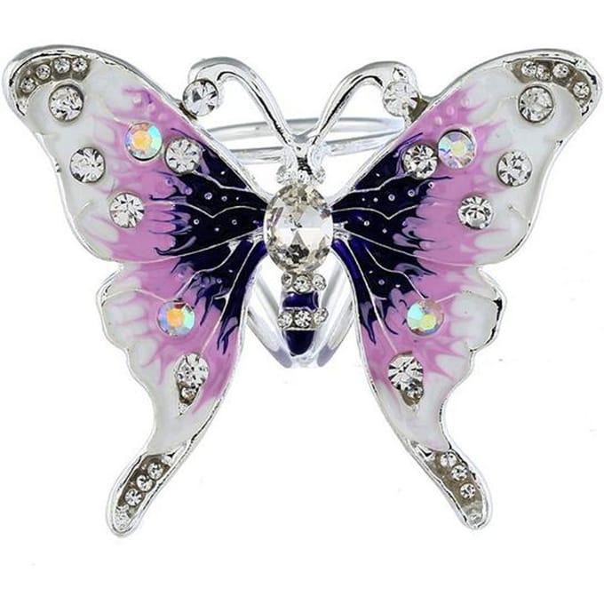 Mode Doux et Ravissant Argent Creux Cristal Papillon Trois Anneaux Boucle de Foulard Broche Accessoires violet