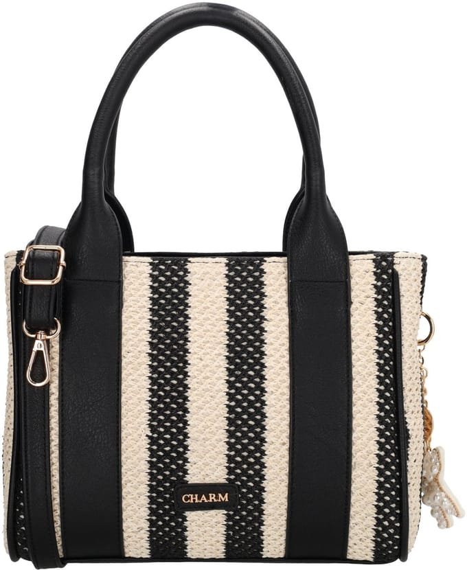 Charm London Capri Handtas - Schoudertas - Rietlook - Gestreept - Bag Charm - Zwart