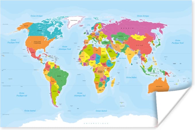 Poster - Franse Wereldkaart - Kleuren - Simpel - 120x80 cm