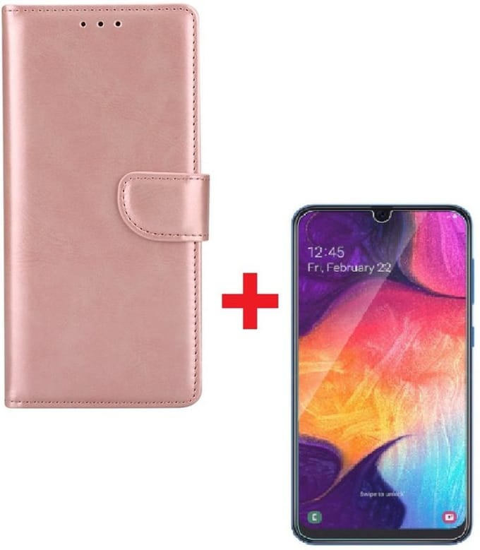 Ntech Samsung Galaxy A40 Portemonnee hoesje rose goud met Glazen screenprotector