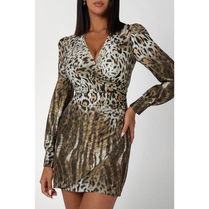 GUESS  Eco Marion Fix Wrap Dres Wavy Leopard Print Taglia: M | Abiti Mini Outlet | Donna