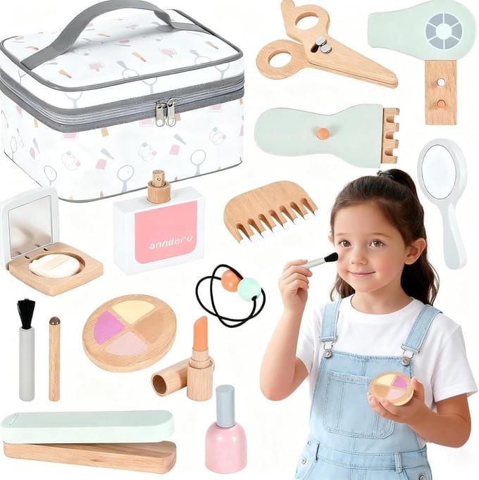 Houten Make-up Speelset voor Kinderen - Compleet Kinder Make-up Koffer Speelgoed vanaf 3 jaar