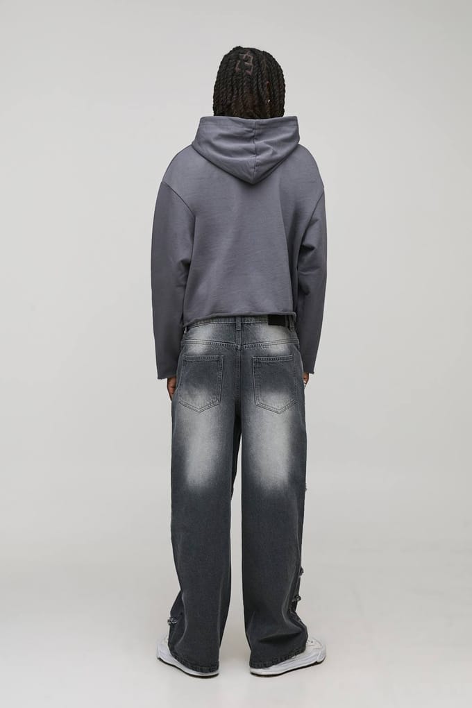Baggy All Over Cross Applique-jeans | Grey | Size 36R
