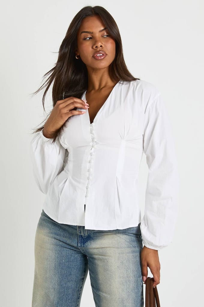 boohoo Dames Katoenen popeline blouse met knoopsluiting | White | Maat: 12