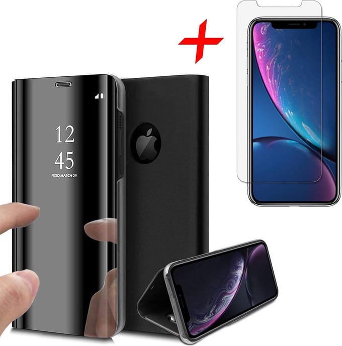 Hoesje geschikt voor iPhone XR - Screen Protector GlassGuard - Book Case Spiegel Zwart & Screenprotector