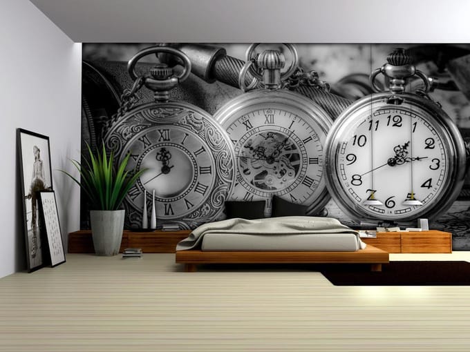 Watches Clocks Black White Photo Wallcovering