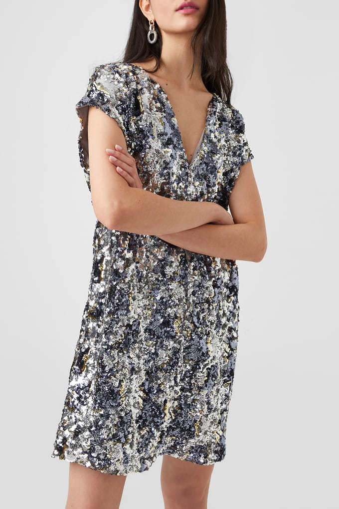 French Connection Bilaz Camo Sequin Dress Silver Größe: L | Minikleider Outlet | Damen | Grau