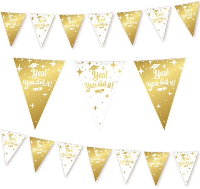 Q2P - Slinger - You Did It - Versiering - Decoratie - Geslaagd - Vlaggenlijn - Goud & Wit - 10m