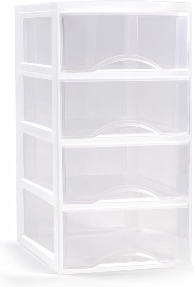 Plasticforte Ladeblokje/bureau organizer met 4x lades - transparant/wit - L26 x B36 x H49 cm