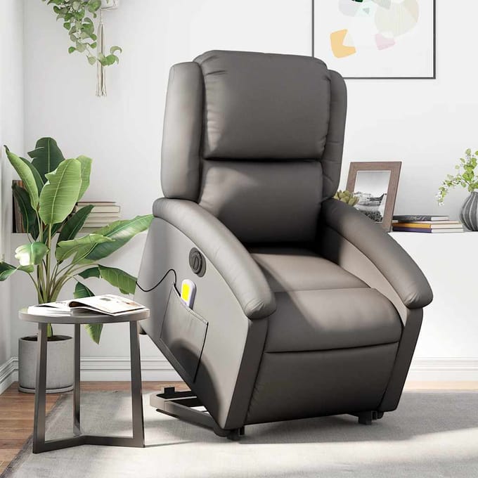 vidaXL - Sta-op-massagestoel - elektrisch - echt - leer - grijs