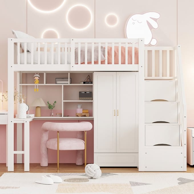 PHOEBE CAT Hoogslaper - 90 x 200 cm - Kinderbed - Met kledingkast - Planken - Bureau - Wit