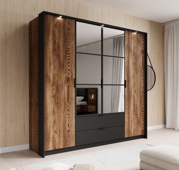 Meubella - Kledingkast Mulvey - Eiken - Antraciet - 220 cm - Met spiegel