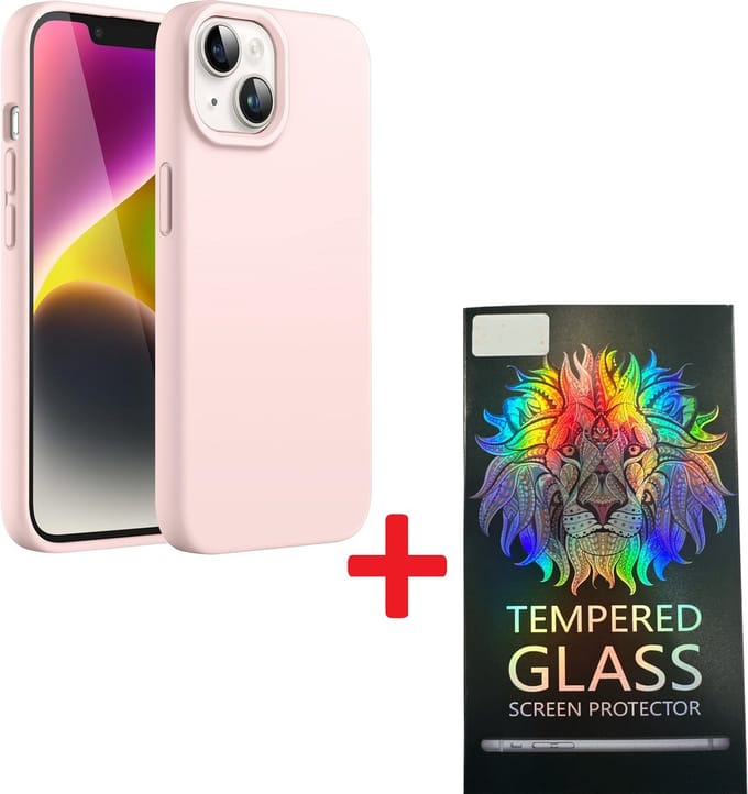 Solid hoesje Soft Touch Liquid Silicone + 1X Screenprotector Tempered Glass - Geschikt voor: iPhone 14 Plus - Lichtroze
