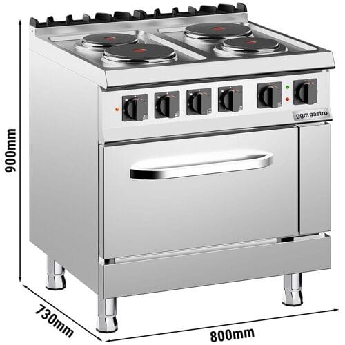 GGM Gastro Elektrisch fornuis - Giuseppe 700 - 800x730mm - 15,2 kW - 4 platen - incl. gas statische oven - 6,0 kW zilver