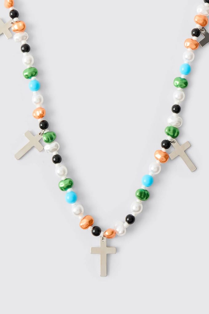 Multi Colour Beaded Necklace with Silver Cross Charms
