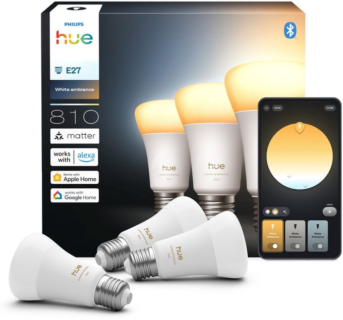 Philips Hue Slimme LED A60 lamp, Warm tot Koelwit Licht, E27 Fitting, 3-pack