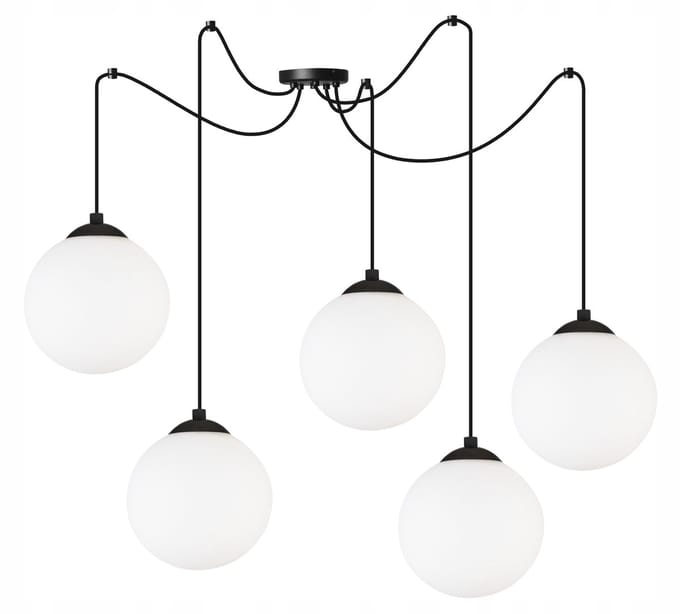 Light Home Florence 2250/15/5P – Hanglamp Spider – 5 Lampenkappen Ø15 cm – Zwart Frame – Glas Wit – LED E27 – Modern Design