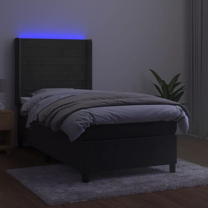vidaXL - Boxspring - met - matras - en - LED - fluweel - donkergrijs - 90x190 - cm