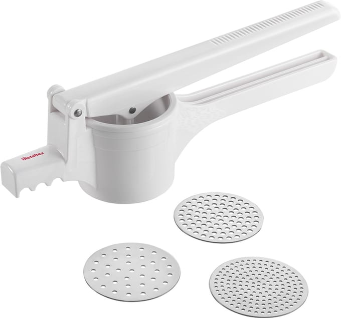 Metaltex - Aardappelstamper - Pureestamper - 3 Verwisselbare RVS Schijven - 36 cm - Wit