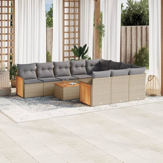 vidaXL - 11-delige - Tuinset - met - kussens - poly - rattan - beige