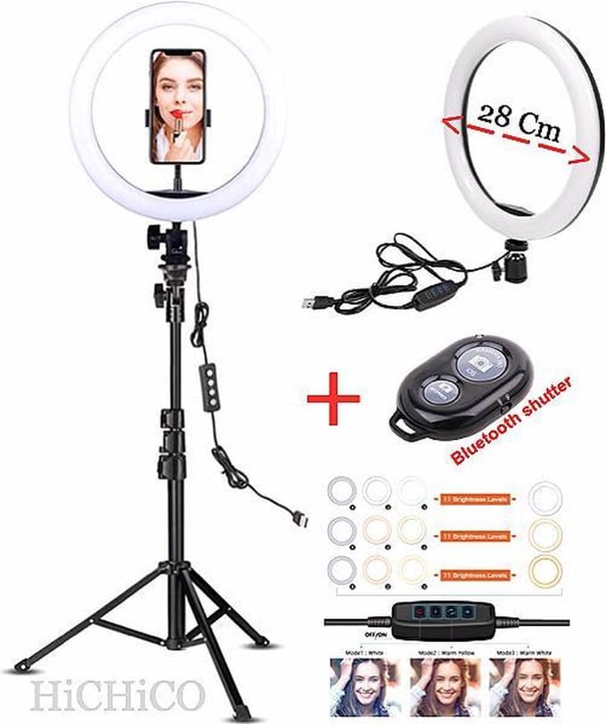 Ring Lamp, LED Ring Light 28 Cm met Tripod Camera Statief 2M, Camera Statief Zwart Inclusief Bluetooth shutter en Telefoonhouder Smartphone – HiCHiCO