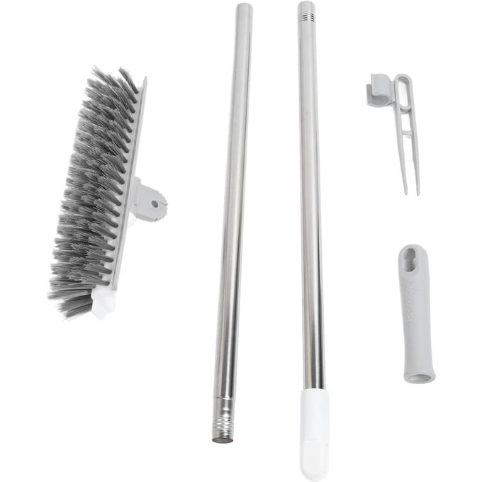 Brosse à récurer 2 en 1 pour sol, manche long, pour joints, poils rigides, rotative à 180 degrés blanc