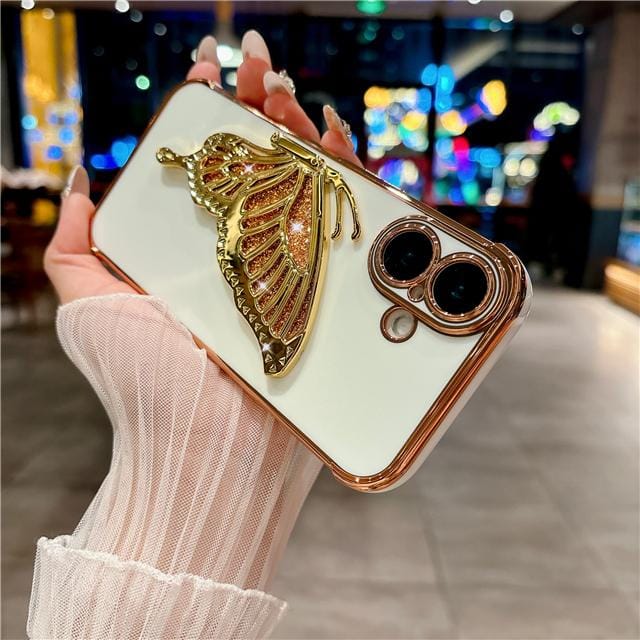 Pour iPhone 16 Pro Max Cadre Motif Flash Plaqué Luxe Support Papillon Coque de Téléphone Pour iPhone 11 12 13 14 15 Plus Housse à Support For iPhone 13