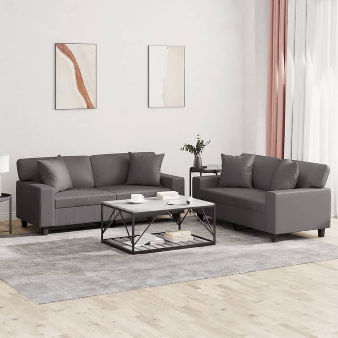 vidaXL - 2-delige - Loungeset - met - kussens - kunstleer - grijs