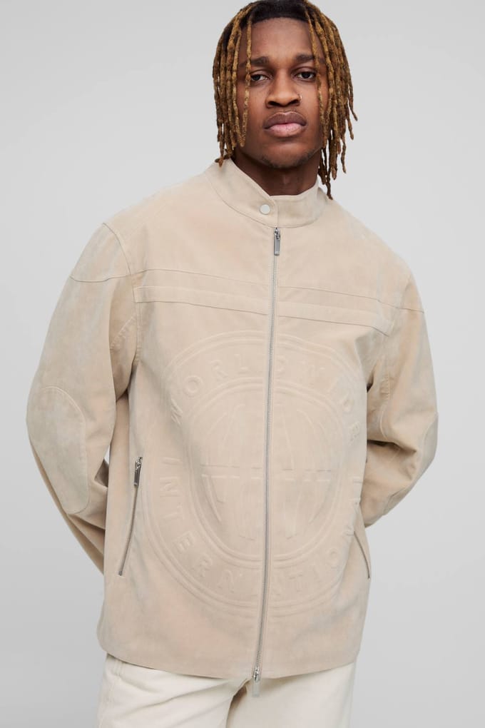 Hoge Tumbled Kunstsuède Geborduurde Regular Fit Biker Jas | Stone | Size Medium