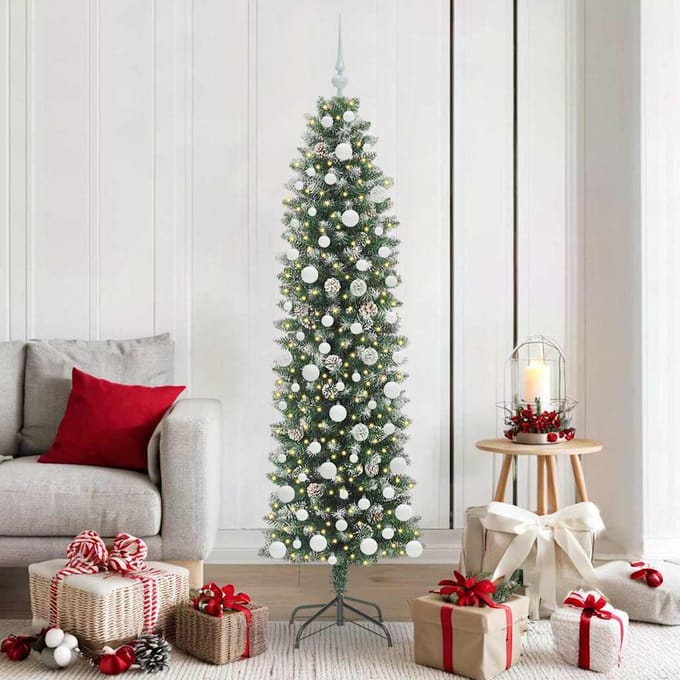 vidaXL Kunstmatige slanke kerstboom Groen en Wit 180 cm