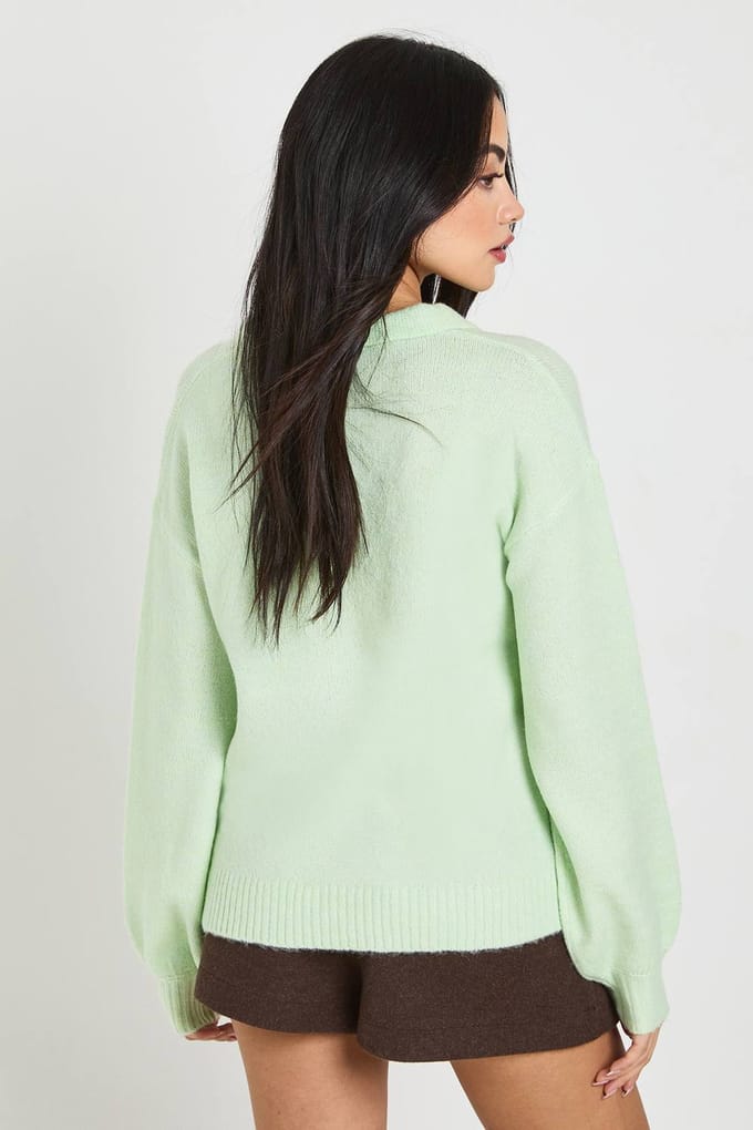 boohoo Dames Super Zachte V-Hals Gebreide Trui met Kraag | Sage | Maat: Medium