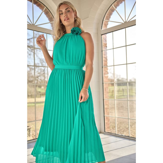 Yours London Geplooide Maxijurk Met Corsage In Groen Size 42