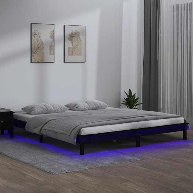 vidaXL - Bedframe - LED - massief - hout - zwart - 200x200 - cm