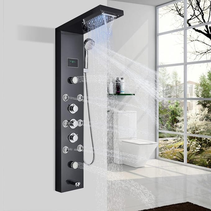 Douchepaneel zwart - LED-systeem - Regendouche - Digitaal display - Spajets - Douchecombinatieset