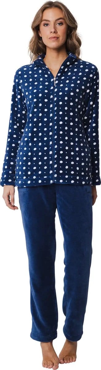 Huispak Dames Fleece - Donkerblauw pyjama pak met rits - Warm - 38