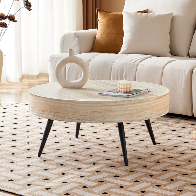 Salontafel - Ø 70 cm - Travertijnlook Rond - Minimalistisch Design - MDF en Metaal - Beige