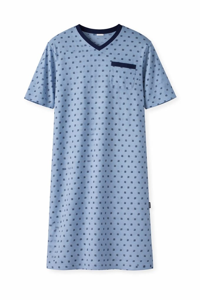Comte - Heren Nachthemd Korte Mouw – Lichtblauw Print – 100% katoen - maat M