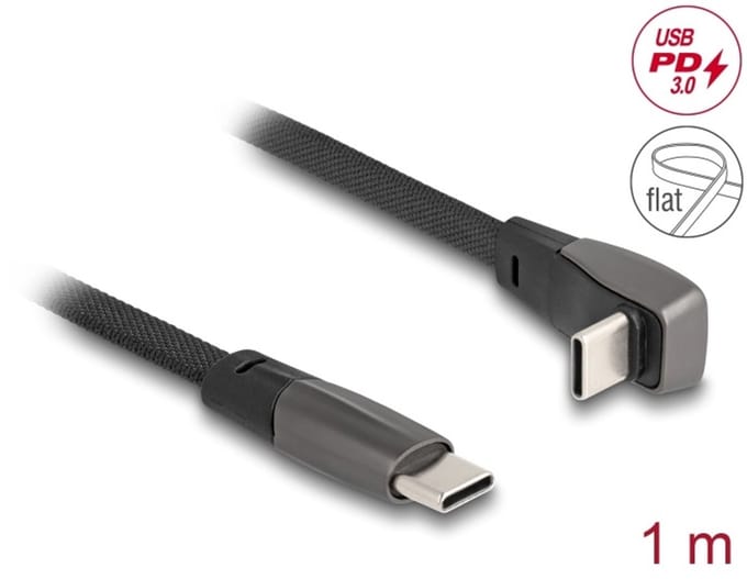 Delock USB 2.0 Flat Ribbon Cable USB Type-C™ male to USB Type-C™ male angled PD 3.0 60 W 1 m black
