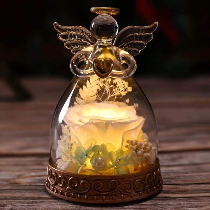 Bewaring Roos Engel - Eeuwige Bloem - Cadeau Geven - Met LED Licht - Handgemaakt - Wit