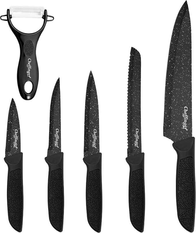 Cheffinger, Set van 6 Antiaanbak Marmer Effect Messen met Schiller, Zwart