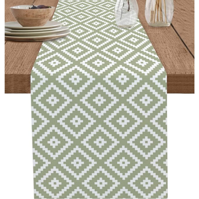 Chemin de table géométrique abstrait moderne en lin vert Décoration de fête de mariage Chemin de table pour table de salle à manger de cuisine de ferme Écharpe décorative pour commode 150x33cm beige