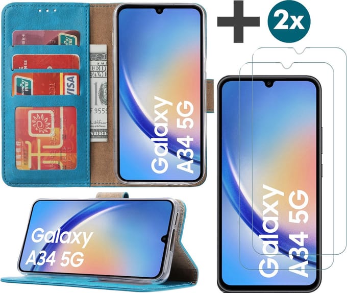 Samsung Galaxy A34 hoesje - bookcase met pasjeshouder + 2x Screenprotector tempered glass - Turquoise